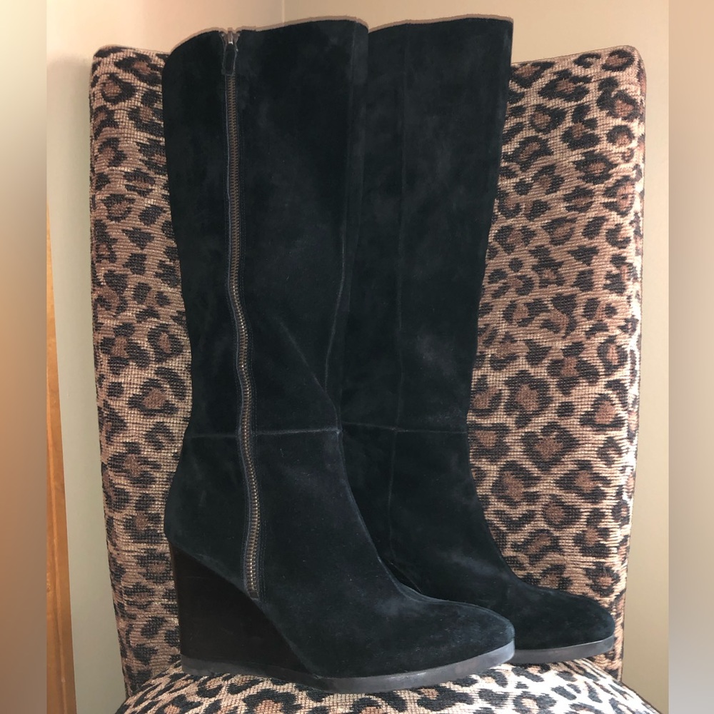 Franco Sarto Osteria Black Suede Knee High Wedge Boots - Size 9M